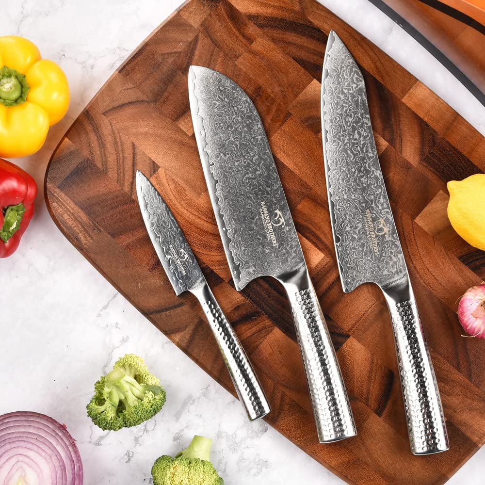 4 Pieces Damascus Kitchen Knife Set with Block, 8” Chef Knife, 7” Santoku Knife, 3.5” Paring Knife, 3 Slots Natural Wood Block, 67 Layer Handmade Damascus VG10 Steel Core, Hammered Ergonomic Handle