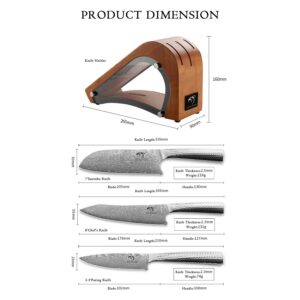 4 Pieces Damascus Kitchen Knife Set with Block, 8” Chef Knife, 7” Santoku Knife, 3.5” Paring Knife, 3 Slots Natural Wood Block, 67 Layer Handmade Damascus VG10 Steel Core, Hammered Ergonomic Handle