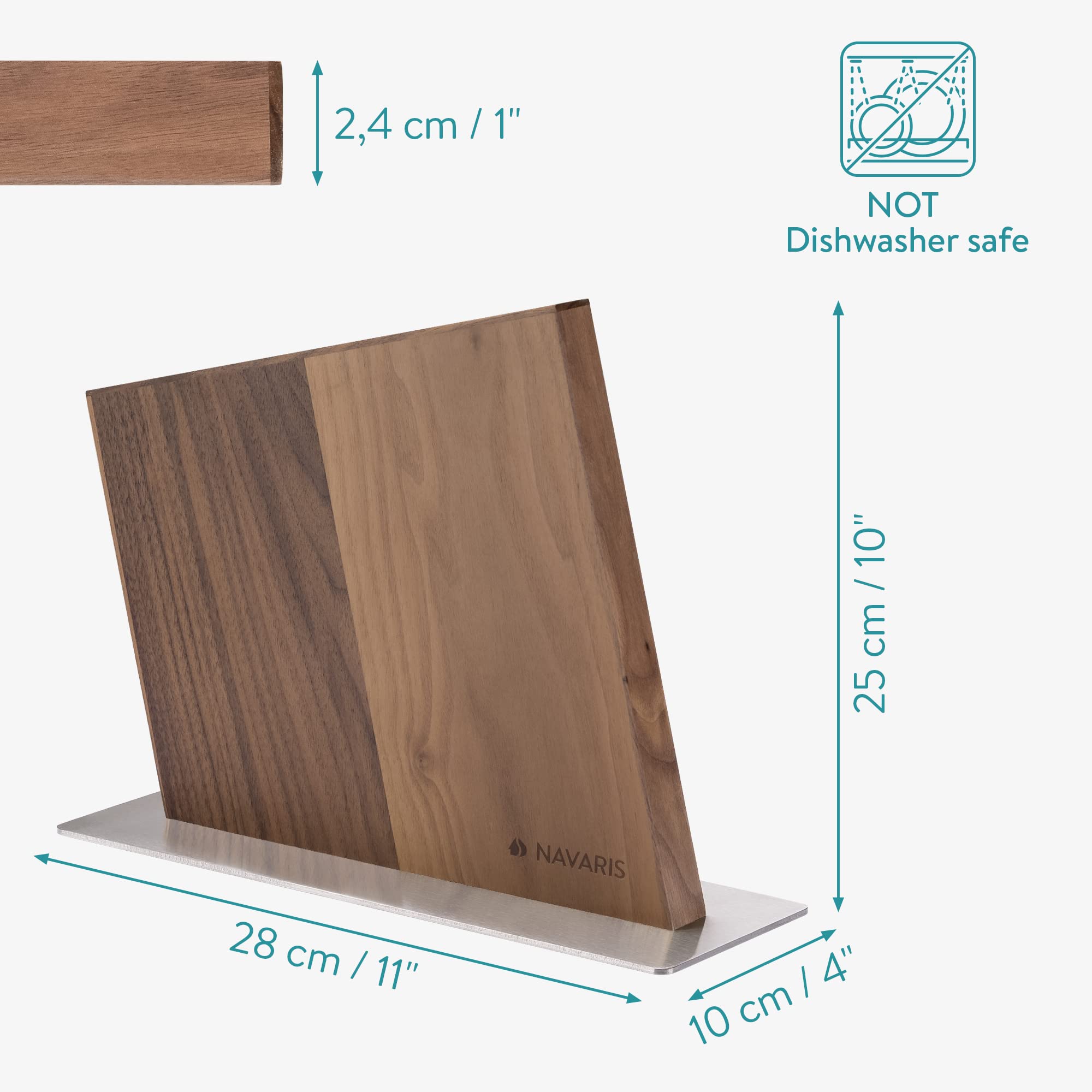 Navaris Wood Magnetic Knife Block - Double Sided Wooden Magnet Holder Board - Storage Stand for Kitchen Knives, Scissors, Metal Utensils - Walnut Wood