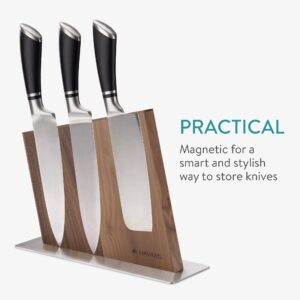 Navaris Wood Magnetic Knife Block - Double Sided Wooden Magnet Holder Board - Storage Stand for Kitchen Knives, Scissors, Metal Utensils - Walnut Wood