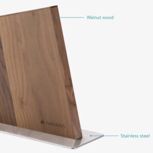 Navaris Wood Magnetic Knife Block - Double Sided Wooden Magnet Holder Board - Storage Stand for Kitchen Knives, Scissors, Metal Utensils - Walnut Wood