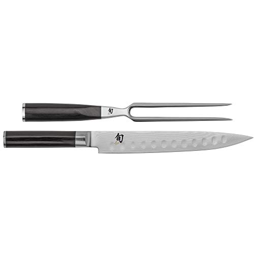 Shun Cutlery Classic 2-Piece Carving Set, Includes 9” Classic Hollow-Ground Slicing Knife and Carving Fork, Authentic, Handcrafted Japanese Carving Knife and Fork