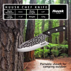 Huusk Chef Knives Bundle with Hand Forged Meat and Vegetable Knife, Outdoor Camping Cooking Knife with Leather Sheath and Gift Box