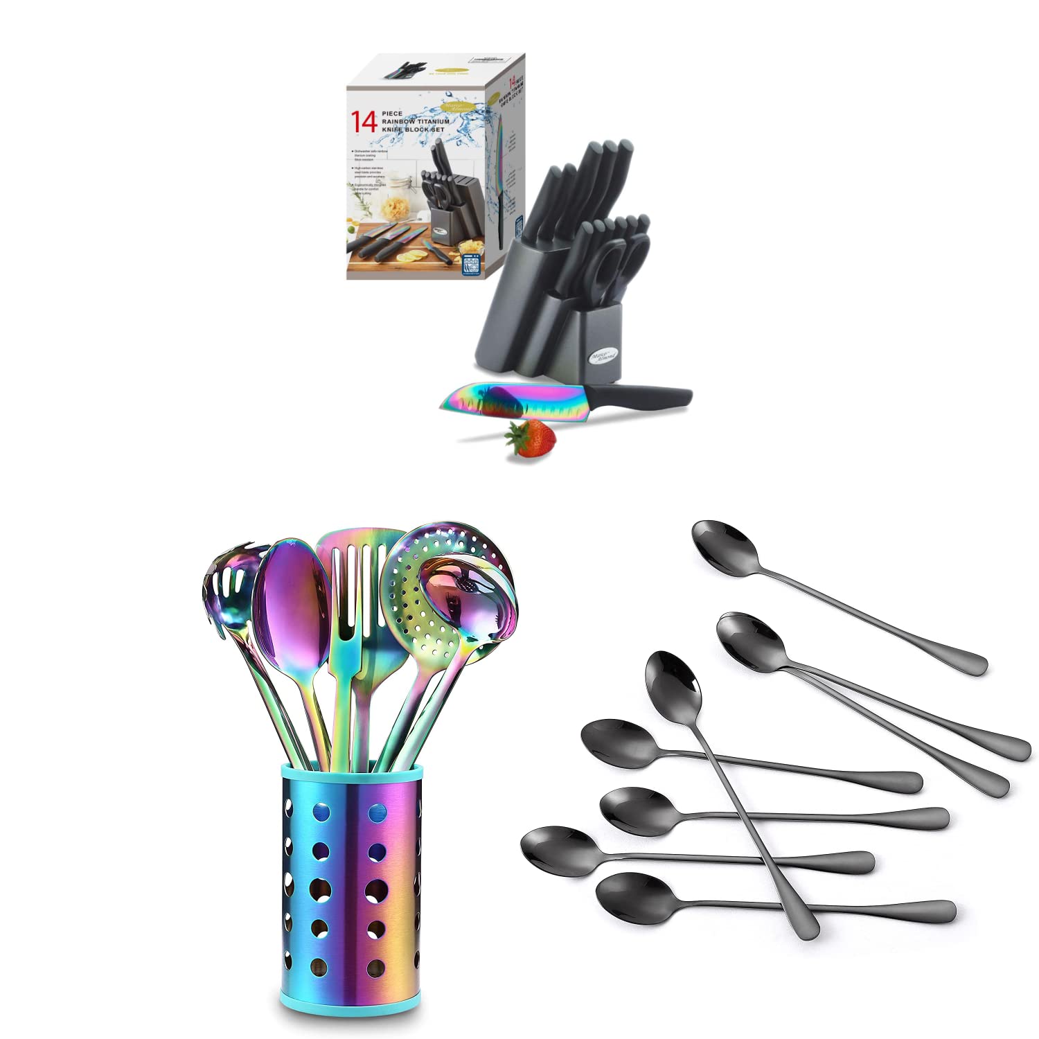 KYA25 Rainbow Color Knife Block Set + KYA52B 7 PCS Stainless Steel Cooking Utensils Sets with Titanium Plated + KYA59 Titanium Coated Stainless Steel Long Handle Spoons