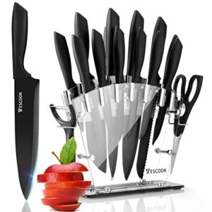 knife set, 16pcs kitchen knife set high carbon stainless steel, chef knife, 6 serrated steak knives, scissors, peeler & knife sharpener with acrylic stand, easy-grip handle, rust-proof