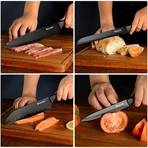 Knife Set, 16pcs Kitchen Knife Set High Carbon Stainless Steel, Chef Knife, 6 Serrated Steak Knives, Scissors, Peeler & Knife Sharpener with Acrylic Stand, Easy-Grip Handle, Rust-proof