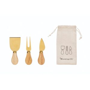 bloomingville stainless steel utensils with oak wood handles, gold finish, set of 3 cheese knives, 5" l x 2" w x 1" h, natural