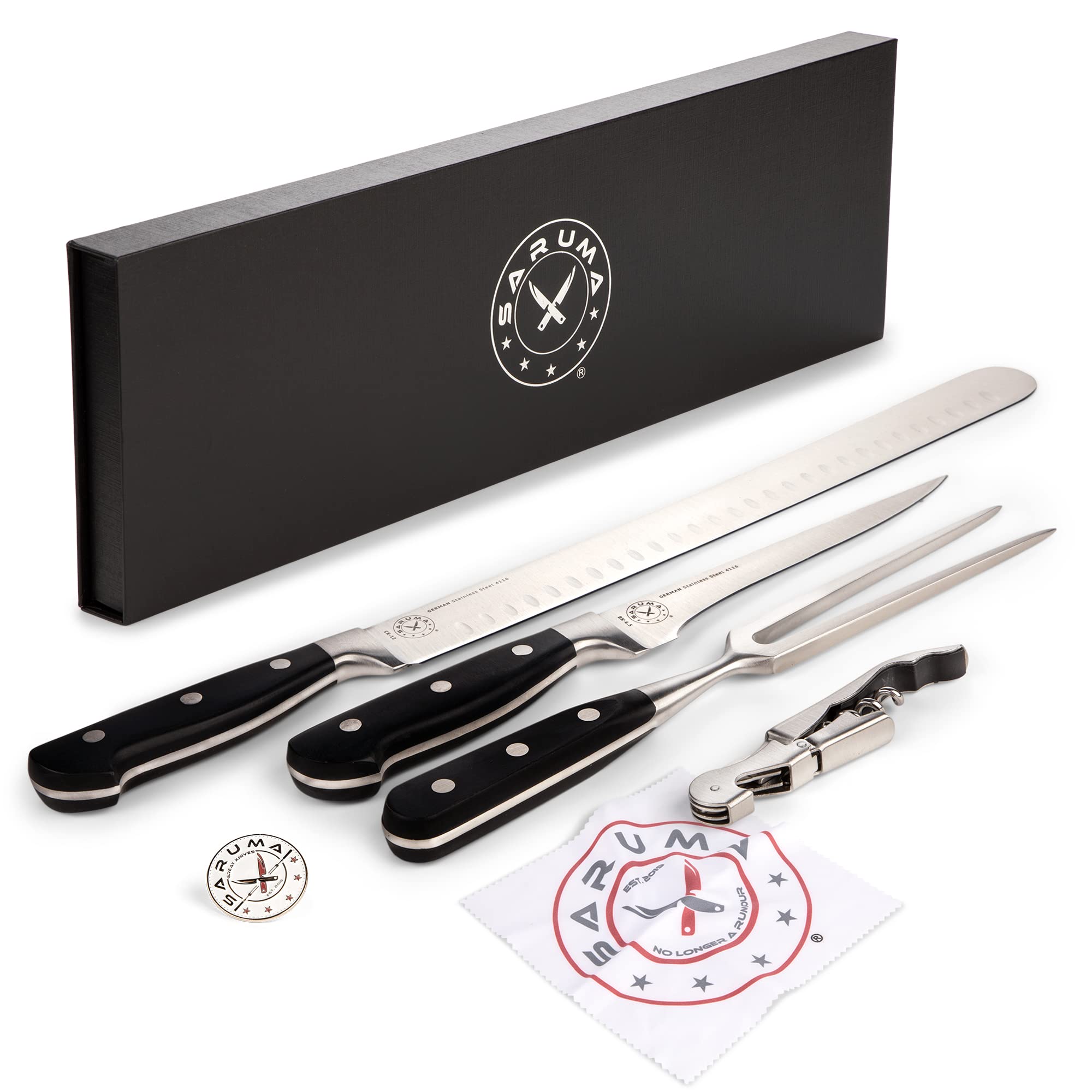 SARUMA 4 PIECE CARVING KNIFE SET FOR MEAT 12 INCH CARVING KNIFE with 6.5 inch Boning Knife and Carving Fork, Turkey Carving Knife, Brisket Knife, Ham Knife