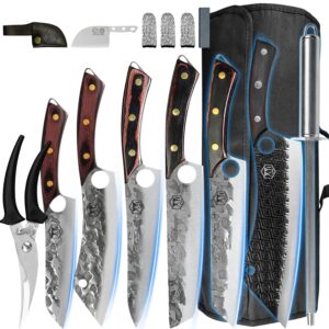 authentic xyj since 1986,camp cooking knives set,high carbon steel slicing chef knife with kitchen scissors,carry bag,sharpener rod,butcher meat vegetable knife,full tang,hammer finished