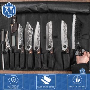 Authentic XYJ Since 1986,Camp Cooking Knives Set,High Carbon Steel Slicing Chef Knife With Kitchen Scissors,Carry Bag,Sharpener Rod,Butcher Meat Vegetable Knife,Full Tang,Hammer Finished