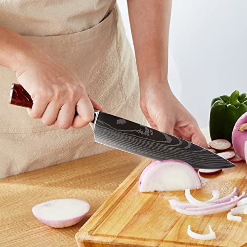 YIEUS Chef Knife 8 inch with Leather Sheath, German High Carbon Stainless Steel, Super Sharp Professional Meat Kitchen Knife, Ergonomic Resin Handle and Gift Box
