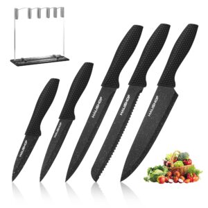 FLISSA Fillet Knife Set with HAUSHOF Kitchen Knife Set, Bait Knife with Black Coating Finish, 5 Piece Knife Sets with Block for Christmas Gifts, Premium Steel Knives Set