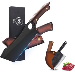 meat cleaver, 10 inch black meat cleaver boning knife, chef chopping butcher cooking knife, high carbon steel sharp kitchen viking knife with sheath gift box bottle opener for outdoor bbq camping