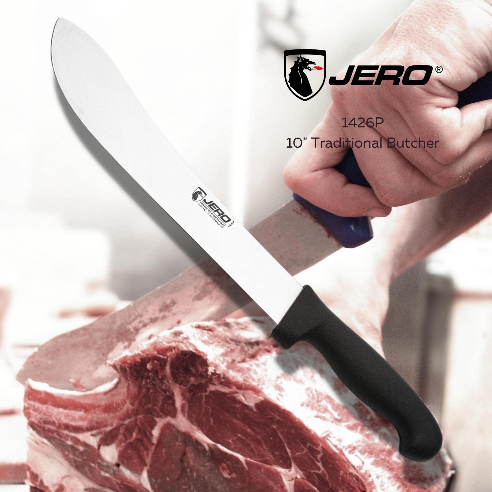 Jero Professional Series 10 Inch Blade Butcher Knife - Traditional Butcher Style Blade - Large Easy Grip Handle - German High-Carbon Stainless Steel Blade - Made in Portugal