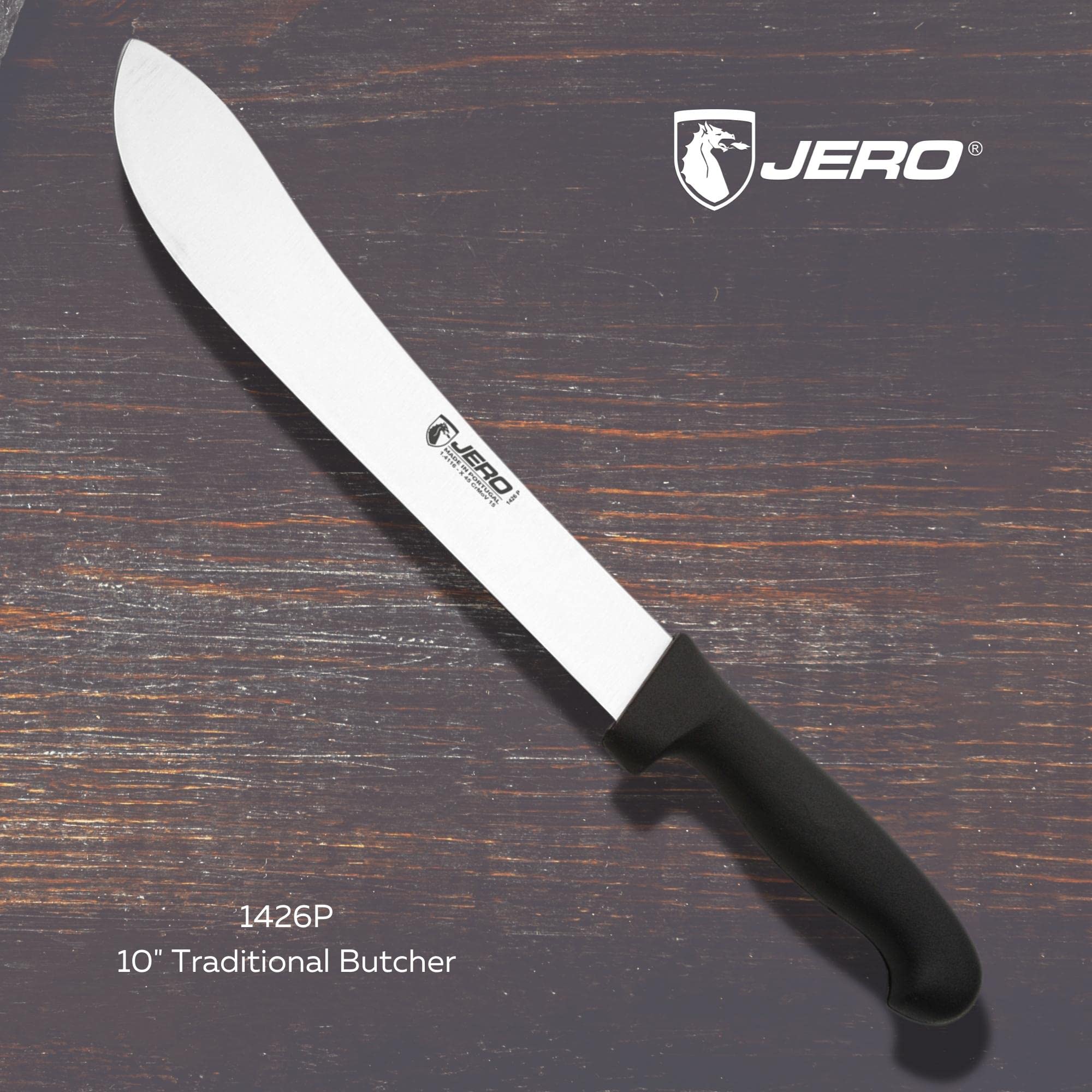 Jero Professional Series 10 Inch Blade Butcher Knife - Traditional Butcher Style Blade - Large Easy Grip Handle - German High-Carbon Stainless Steel Blade - Made in Portugal