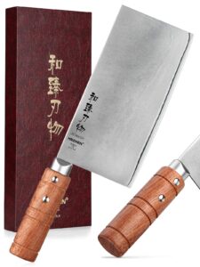 hezhen 7" cleaver knife, composite steel chinese kitchen chef knife, clad steel butcher knife, padauk wood handle