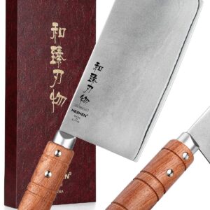 HEZHEN 7" Cleaver Knife, Composite Steel Chinese Kitchen Chef Knife, Clad Steel Butcher Knife, Padauk Wood Handle