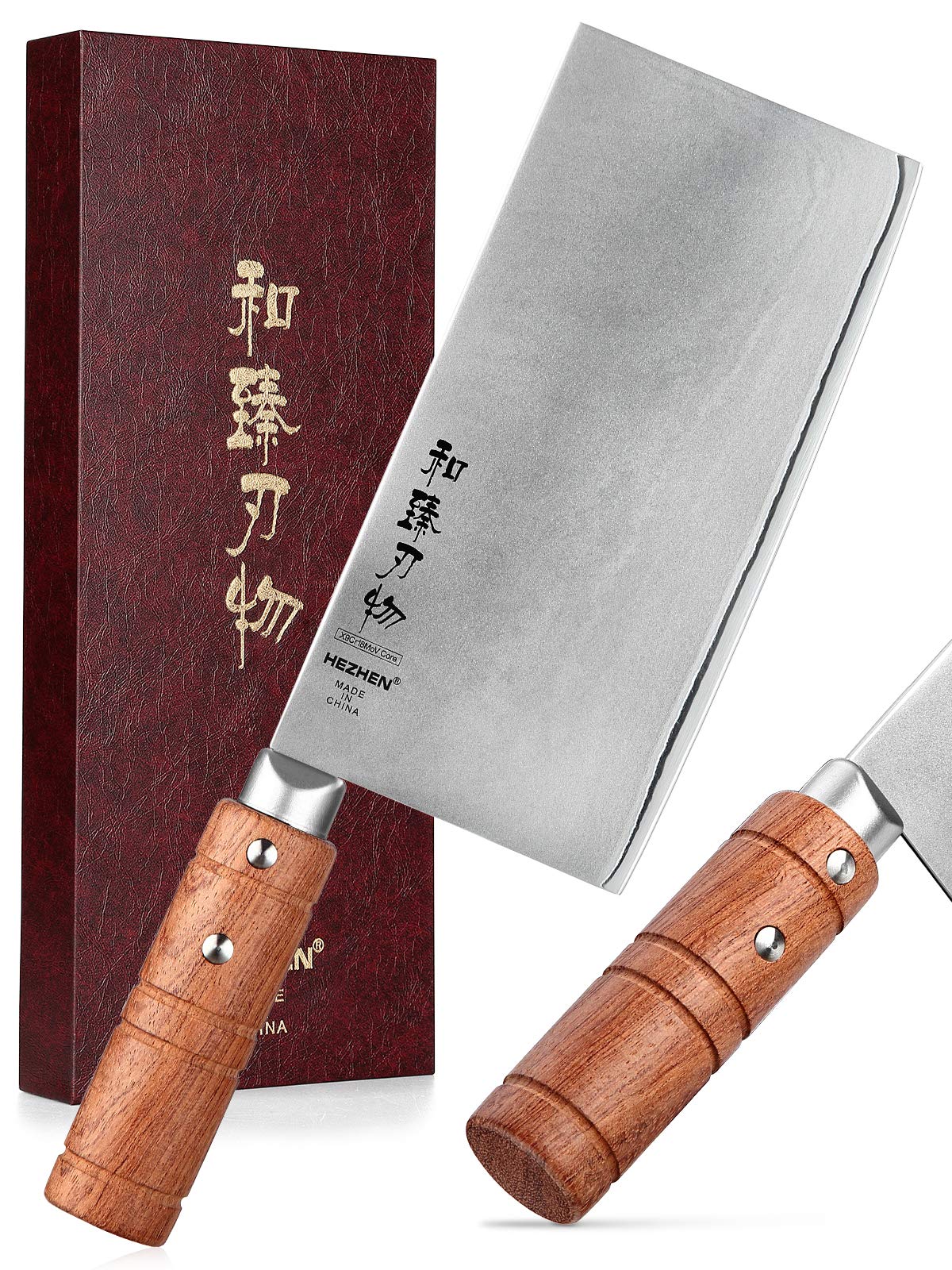 HEZHEN 7" Cleaver Knife, Composite Steel Chinese Kitchen Chef Knife, Clad Steel Butcher Knife, Padauk Wood Handle