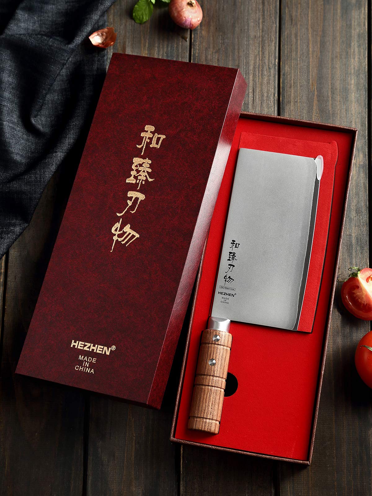 HEZHEN 7" Cleaver Knife, Composite Steel Chinese Kitchen Chef Knife, Clad Steel Butcher Knife, Padauk Wood Handle