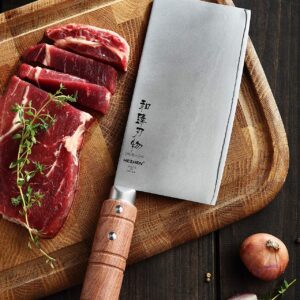 HEZHEN 7" Cleaver Knife, Composite Steel Chinese Kitchen Chef Knife, Clad Steel Butcher Knife, Padauk Wood Handle