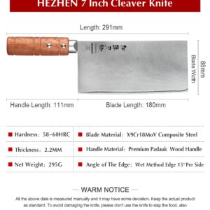 HEZHEN 7" Cleaver Knife, Composite Steel Chinese Kitchen Chef Knife, Clad Steel Butcher Knife, Padauk Wood Handle