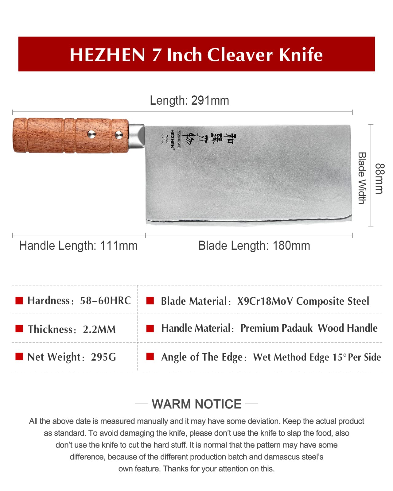 HEZHEN 7" Cleaver Knife, Composite Steel Chinese Kitchen Chef Knife, Clad Steel Butcher Knife, Padauk Wood Handle