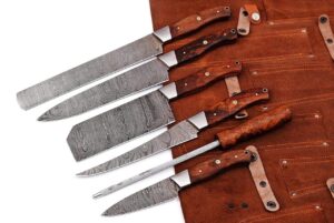 hm-(brown) custom made damascus steel #6 pcs of professional utility kitchen knives set comes with sweet leather roll kit (3712)