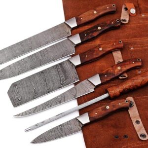 HM-(Brown) Custom Made Damascus Steel #6 Pcs of Professional Utility Kitchen knives Set Comes with Sweet Leather Roll Kit (3712)