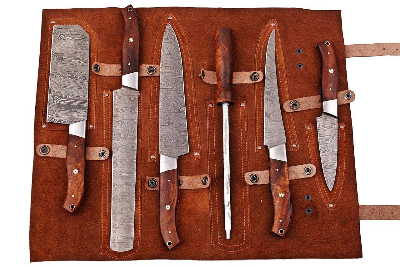 HM-(Brown) Custom Made Damascus Steel #6 Pcs of Professional Utility Kitchen knives Set Comes with Sweet Leather Roll Kit (3712)