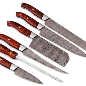 HM-(Brown) Custom Made Damascus Steel #6 Pcs of Professional Utility Kitchen knives Set Comes with Sweet Leather Roll Kit (3712)