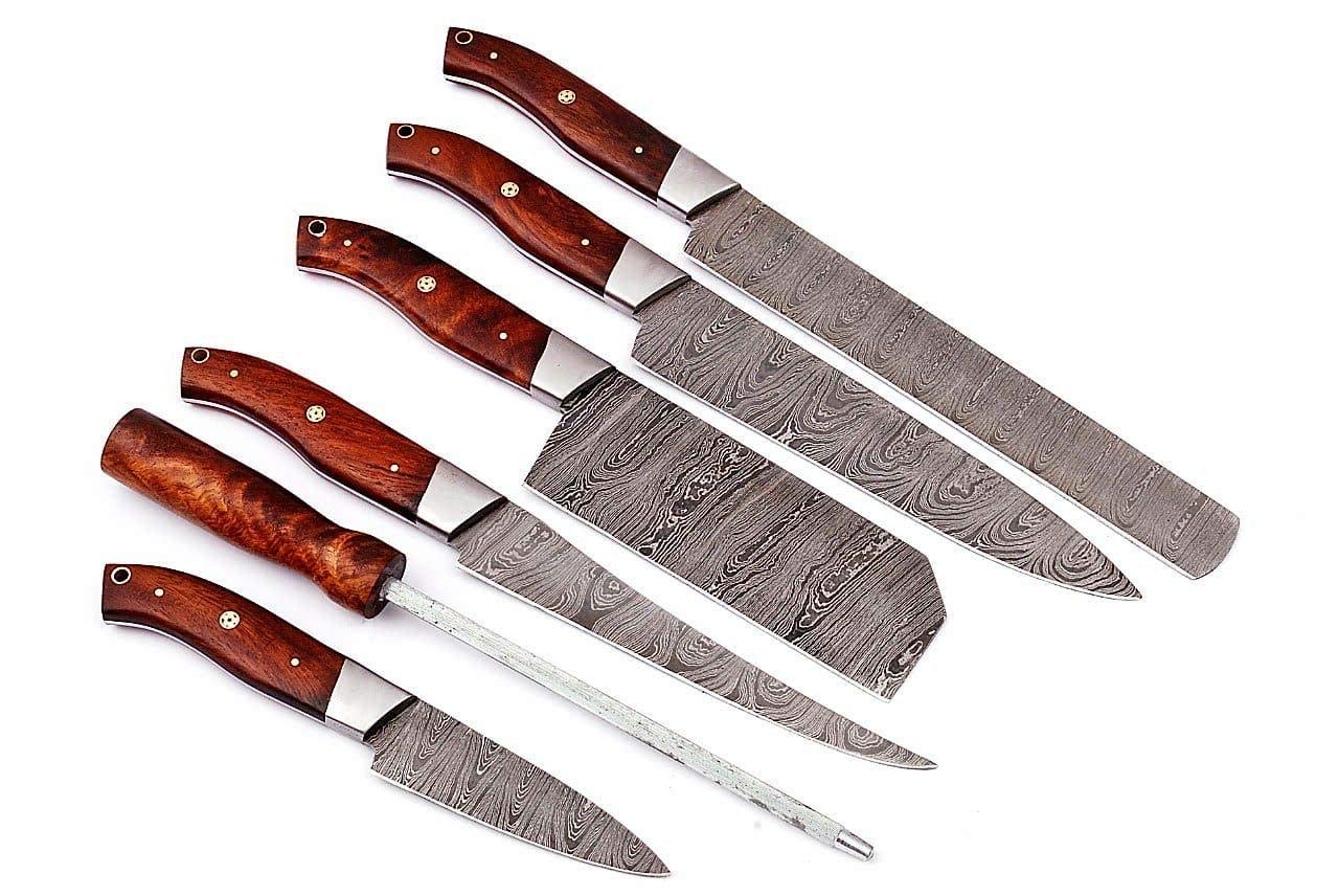 HM-(Brown) Custom Made Damascus Steel #6 Pcs of Professional Utility Kitchen knives Set Comes with Sweet Leather Roll Kit (3712)