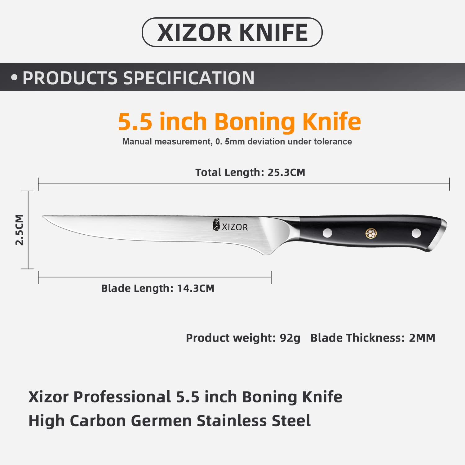 XIZOR Boning Knife 6 inch DeBoning & Fillet Knife, German High Carbon Stainless Steel Blade, Razor Sharp Kitchen Cooking Knife, Ergonomic Full Tang Handle Design with Gift Box