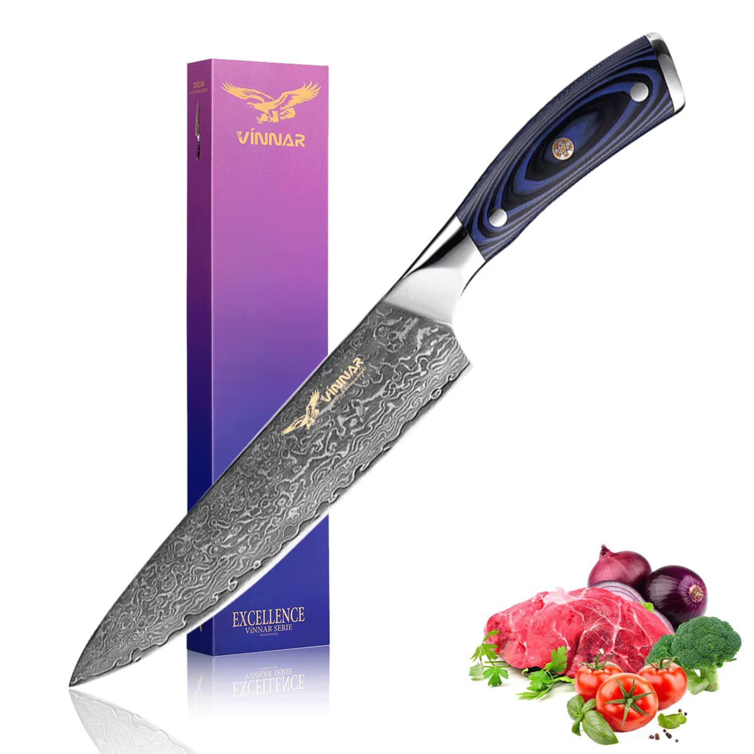 VINNAR Damascus Chef Knife, Japanese VG-10 Super Sharp 8 inch Professional Kitchen Knives, Ergonomic Blue G10 Handle，Sharpest Cooking Knife Best Choice for Home Kitchen and Restaurant