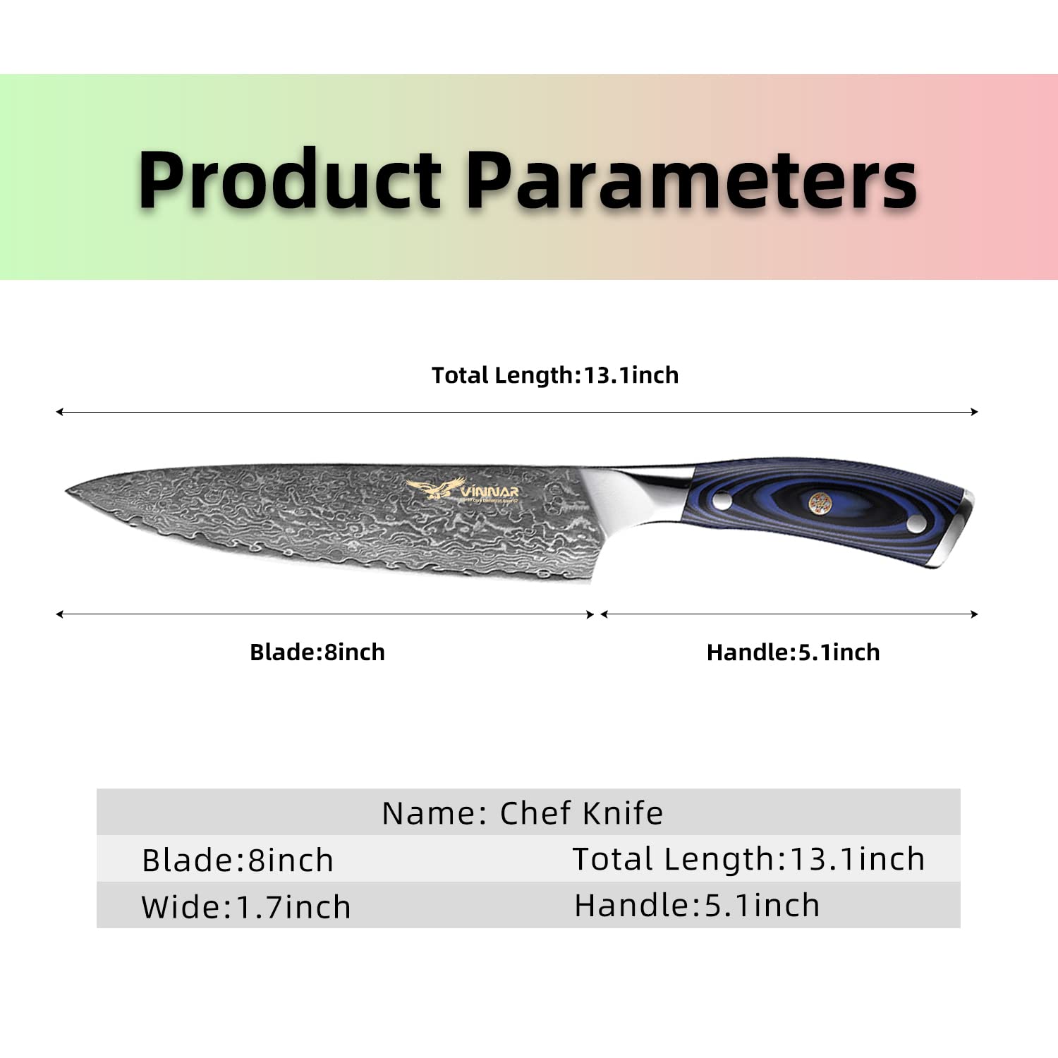 VINNAR Damascus Chef Knife, Japanese VG-10 Super Sharp 8 inch Professional Kitchen Knives, Ergonomic Blue G10 Handle，Sharpest Cooking Knife Best Choice for Home Kitchen and Restaurant