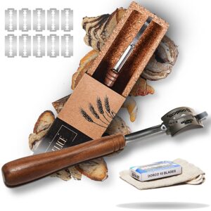 handcrafted bread lame made of rich dark walnut wood - superior handgrip design for easy use & clean cuts - natural cork storage case with 10 replaceable quality blades