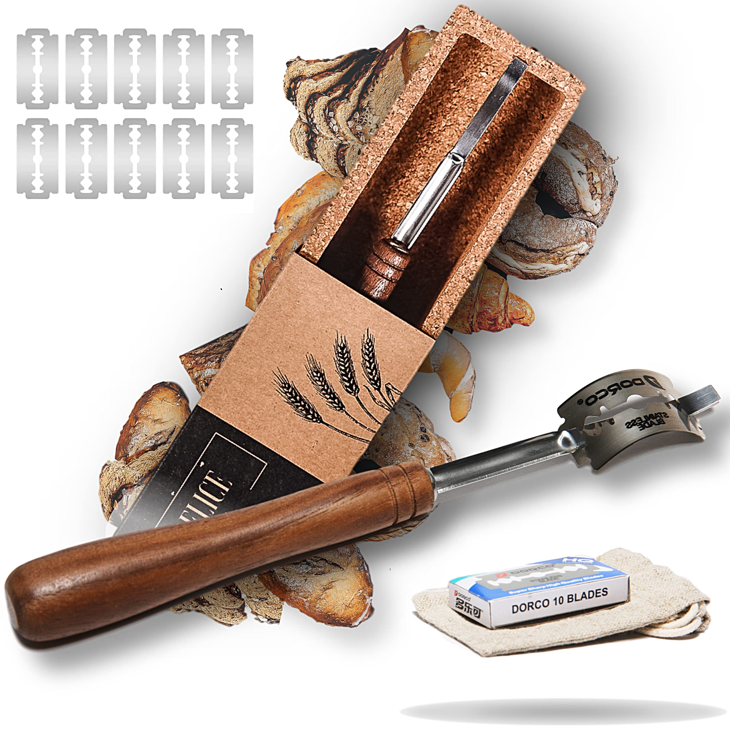 Handcrafted Bread Lame Made of Rich Dark Walnut Wood - Superior Handgrip Design for Easy Use & Clean Cuts - Natural Cork Storage Case with 10 Replaceable Quality Blades