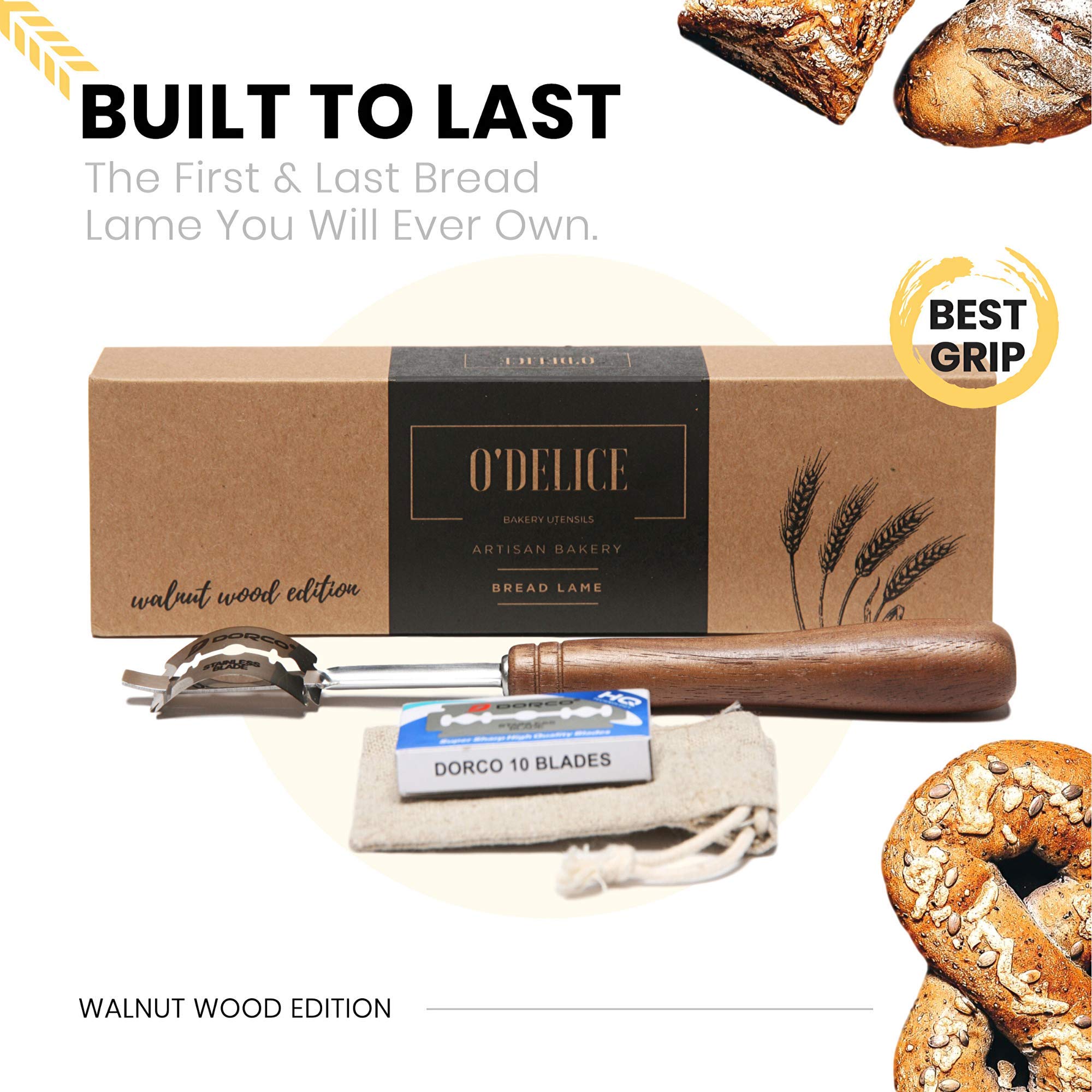 Handcrafted Bread Lame Made of Rich Dark Walnut Wood - Superior Handgrip Design for Easy Use & Clean Cuts - Natural Cork Storage Case with 10 Replaceable Quality Blades