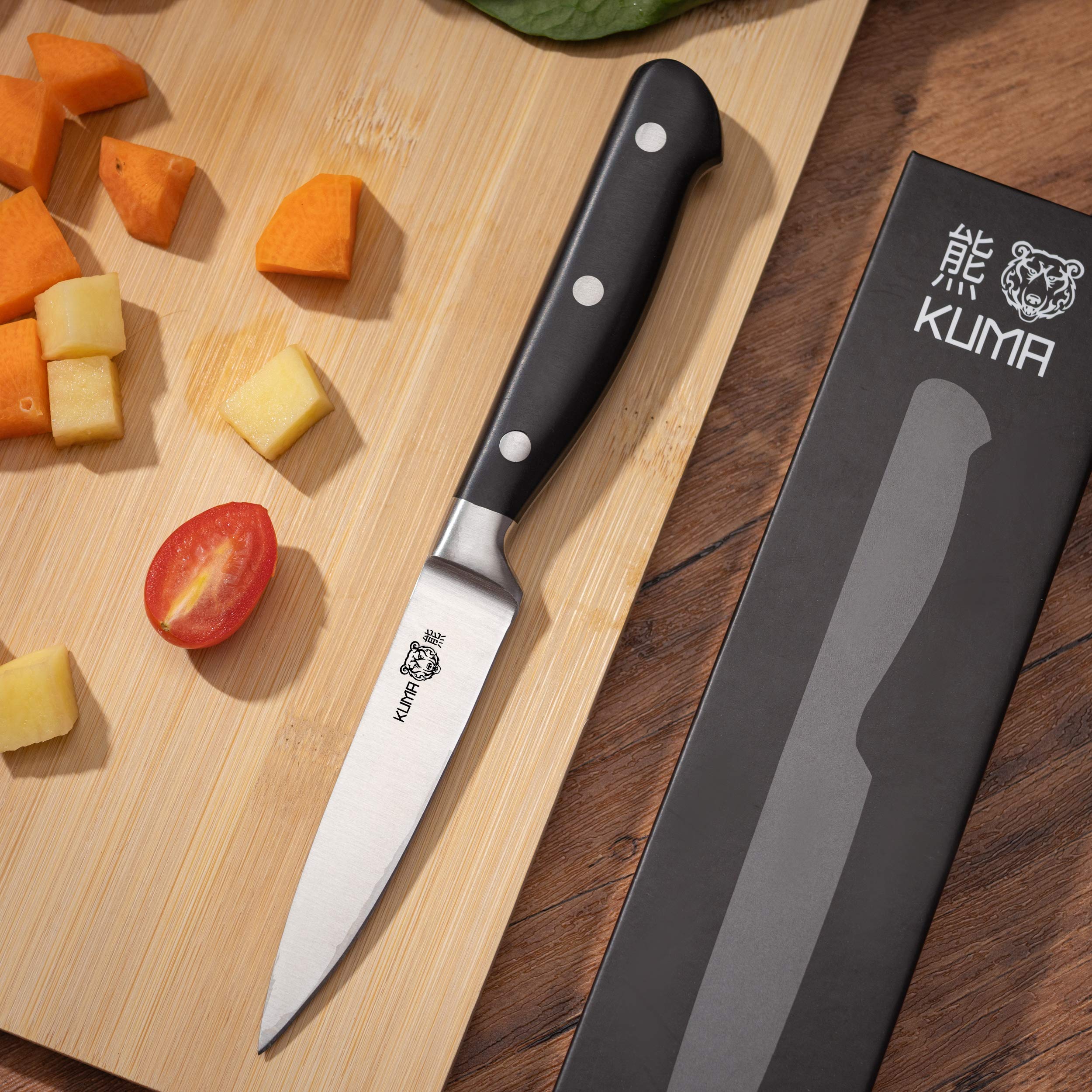 KUMA Essentials Kitchen Knife Set - Classic 3 Piece Collection - 8" Chef's Knife, 3.5" Paring Knife, and 8" Honing Rod - Knives Set Without Block or Roll Bag - Conquer Your Kitchen