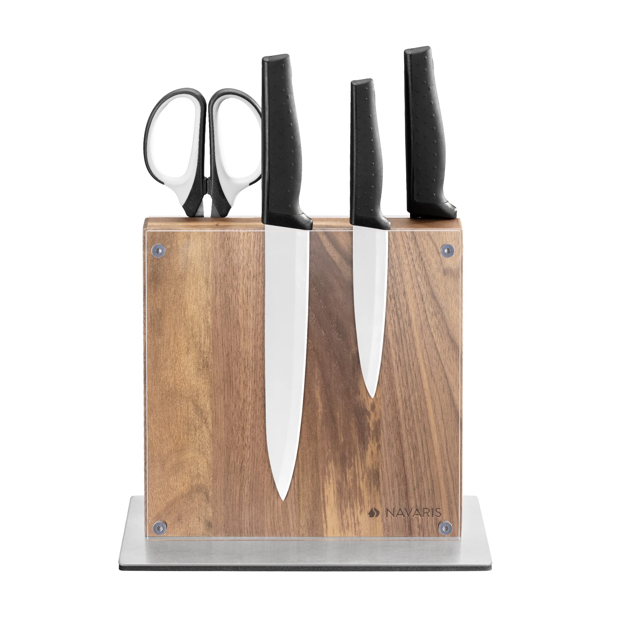 Navaris Magnetic Knife Block - Kitchen Storage with Strong Magnets for Knives & Utensils - Simple Modern Holder with Acrylic Guard - Acacia Wood - 8.8" x 8.7"