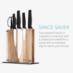 Navaris Magnetic Knife Block - Kitchen Storage with Strong Magnets for Knives & Utensils - Simple Modern Holder with Acrylic Guard - Acacia Wood - 8.8" x 8.7"