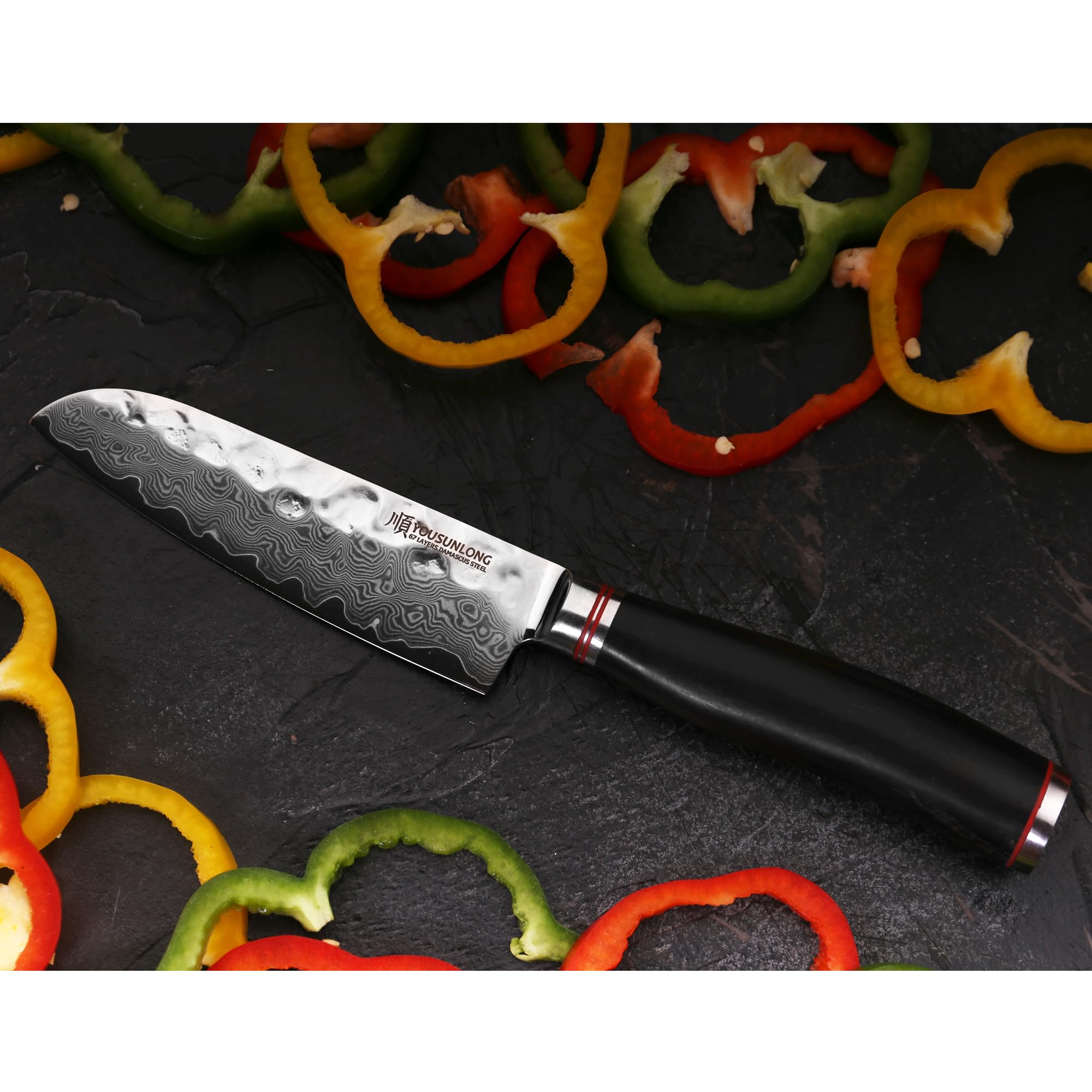 YOUSUNLONG Santoku Knife 5 inch Cutlery Knives Japanese 67 Layers Hammered Damascus Steel with Natural Leadwood