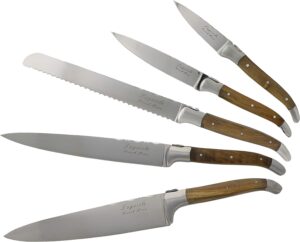 french home laguiole connoisseur olivewood 5 piece kitchen knife set plus magnetic display.