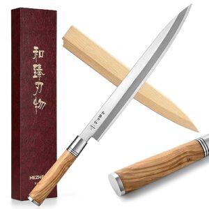 hezhen 300mm sashimi knife,forged steel sushi yanagiba knife, sushi slicing, wooden handle knife case