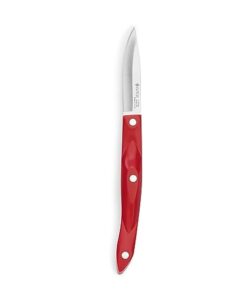 cutco model 1720 paring knife with red handle....2¾" high carbon stainless blade....5" thermo-resin handle...in factory-sealed plastic bag.