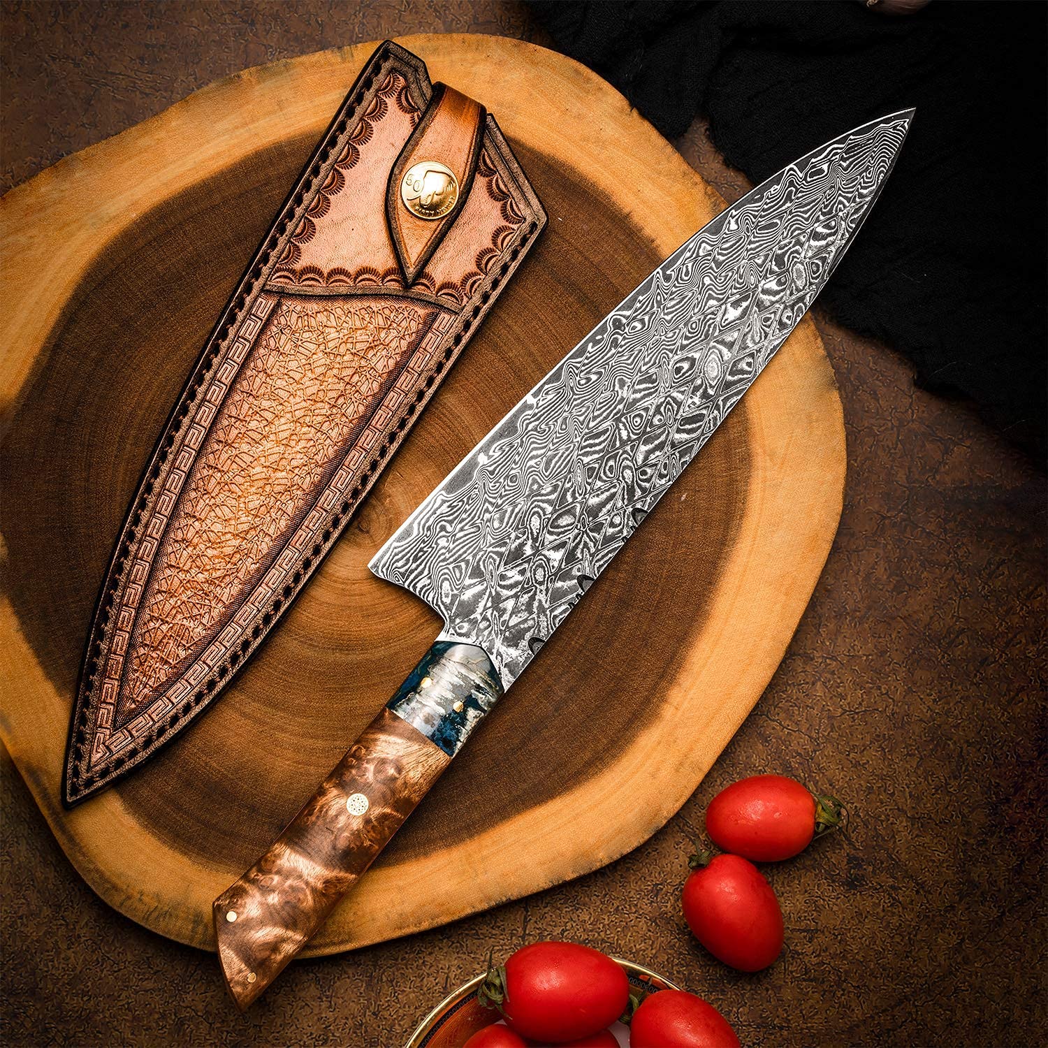 FZIZUO Professional Japanese Style Chef Knife,Full Tang 8.3 Inch Handmade VG10 Damascus Steel Blade Burl Wood Handle Gyuto Kitchen Knives with Sheath for Cooking