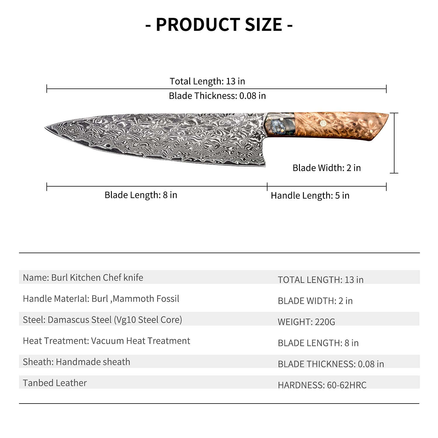 FZIZUO Professional Japanese Style Chef Knife,Full Tang 8.3 Inch Handmade VG10 Damascus Steel Blade Burl Wood Handle Gyuto Kitchen Knives with Sheath for Cooking