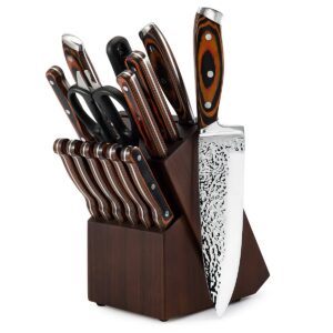 knife set, 15 pieces kitchen knife set with wooden block, germany high carbon stainless steel knife block set with sharpener, knives set for kitchen with 6 steak knives ultra sharp chef knife set