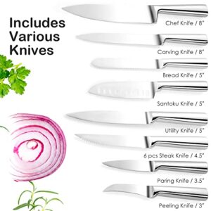 COSTWAY Kitchen Knife Set, with Block, Sharpener & Kitchen Shears,Ultra Sharp Knife Set with Chef Knife, Bread Knife, Santoku Knife, Utility Knife, 6 Steak Knives(16-Pieces, Silver, Brown)