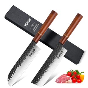 huusk japan chef knife set, santoku japanese kitchen knife 7 inch and nakiri knife vegetable & fruit knife 7inch, hand forged cooking knives