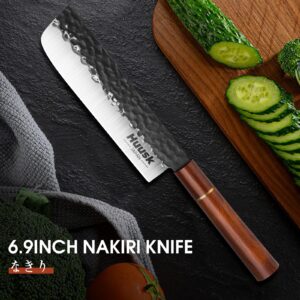 Huusk Japan Chef Knife Set, Santoku Japanese Kitchen Knife 7 inch and Nakiri Knife Vegetable & Fruit Knife 7inch, Hand Forged Cooking Knives